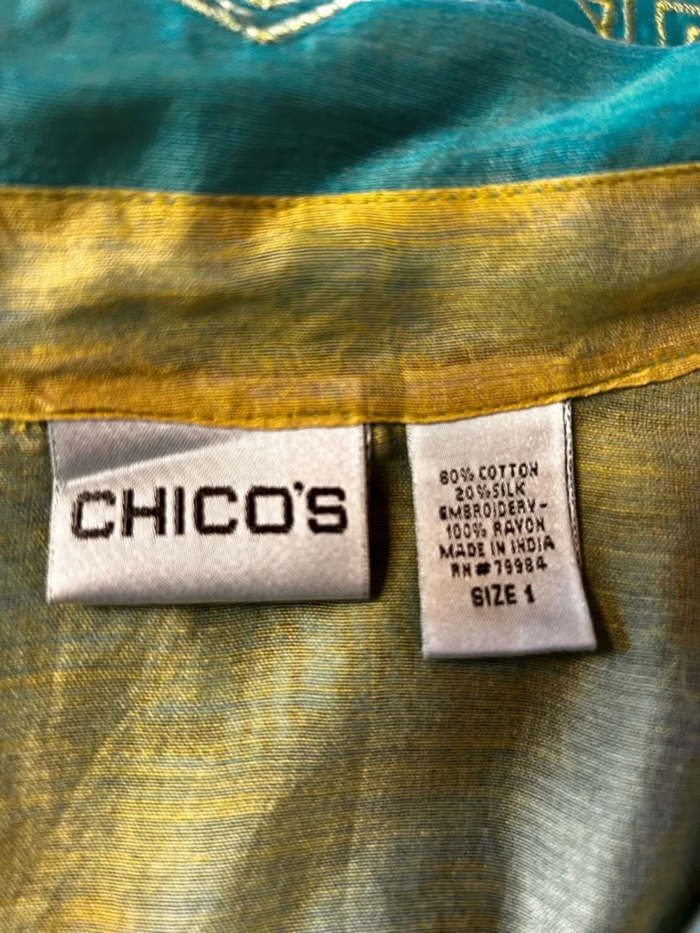 Chico's Turquoise & Lime Embroidered Button-Front Blouse - Picture 4 of 4